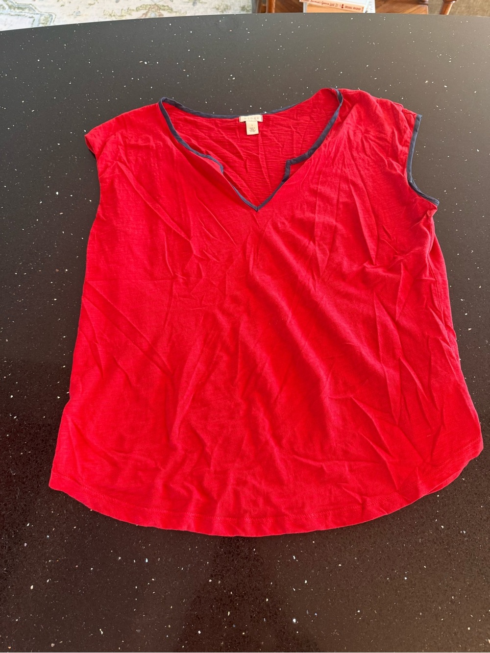 hinge Red V-Neck Top with Navy Trim